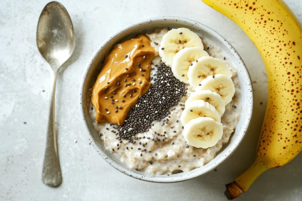 Oatmeal bowl with mashed banana and chia seeds.