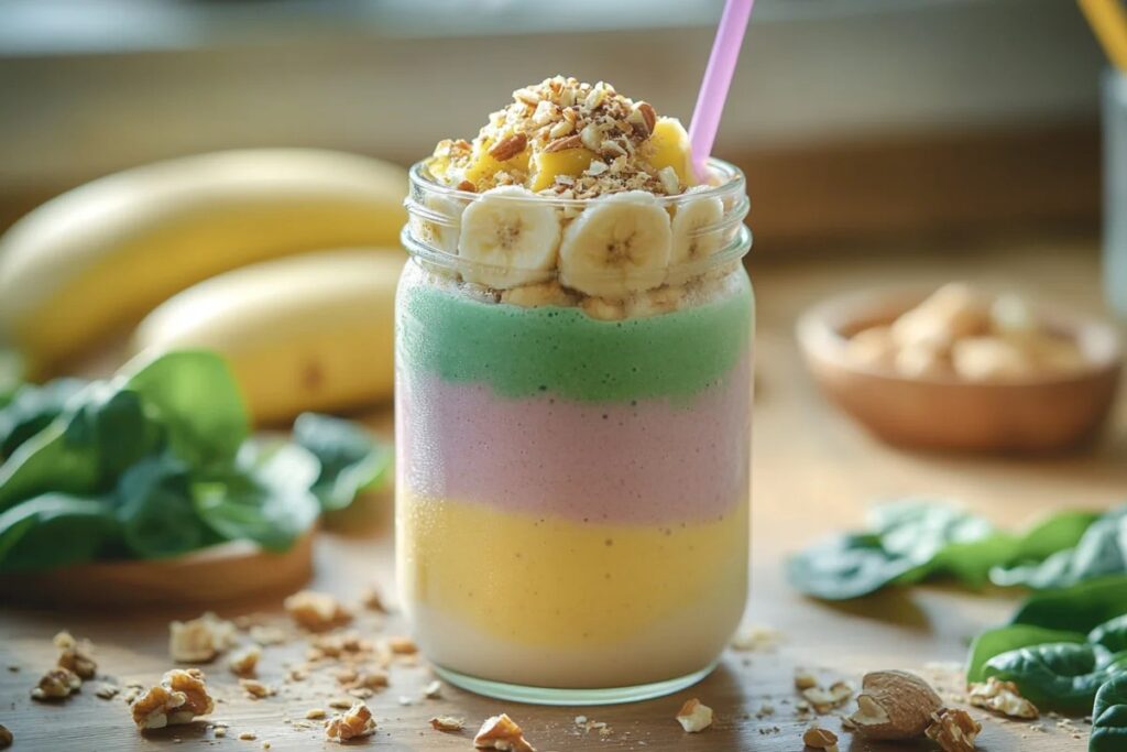 Banana and spinach smoothie in a glass jar.