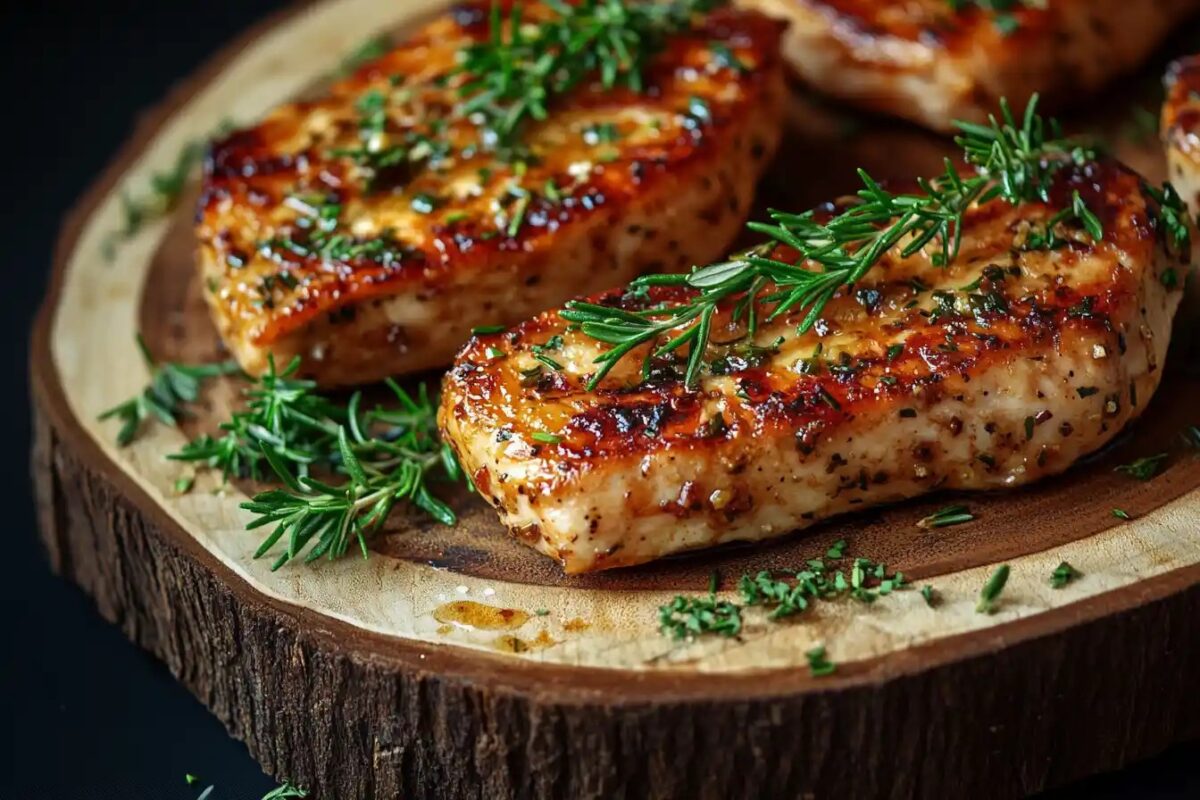 Smoked chicken breast on a wooden platter with herbs.