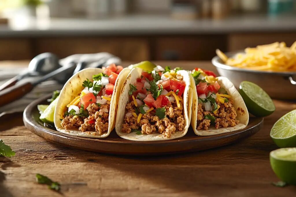 Plated ground chicken tacos with vibrant toppings.