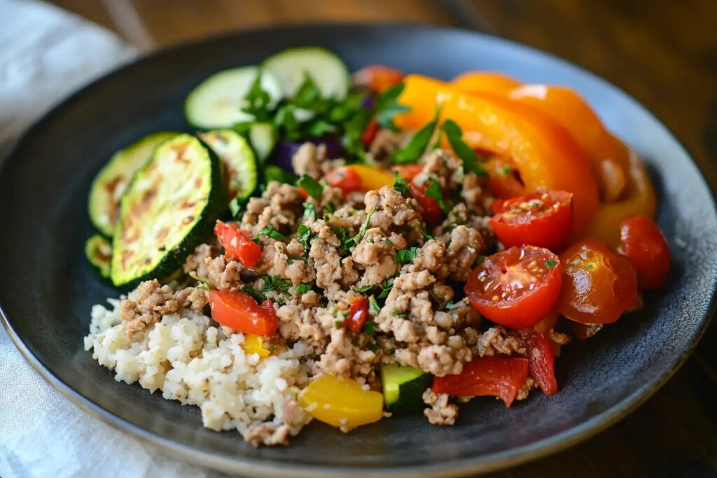 Healthy ground chicken meal with vegetables on a rustic table.