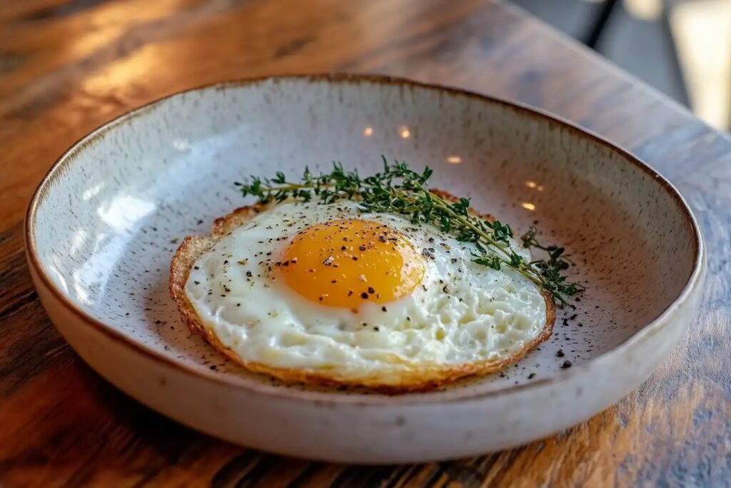 Sunny-side-up egg with crispy edges garnished with parsley.