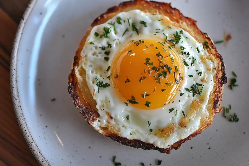 Sunny-side-up egg with crispy edges garnished with herbs on a rustic table.