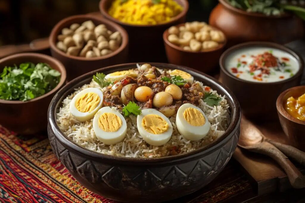 A Spread of Regional Biryani Varieties with Garnishes