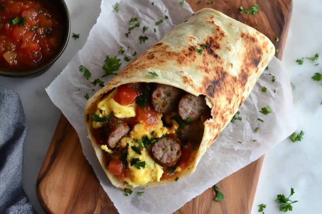 Perfectly wrapped breakfast burrito on a wooden board