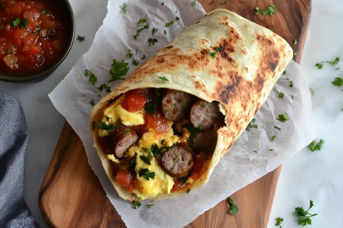Perfectly wrapped breakfast burrito on a wooden board
