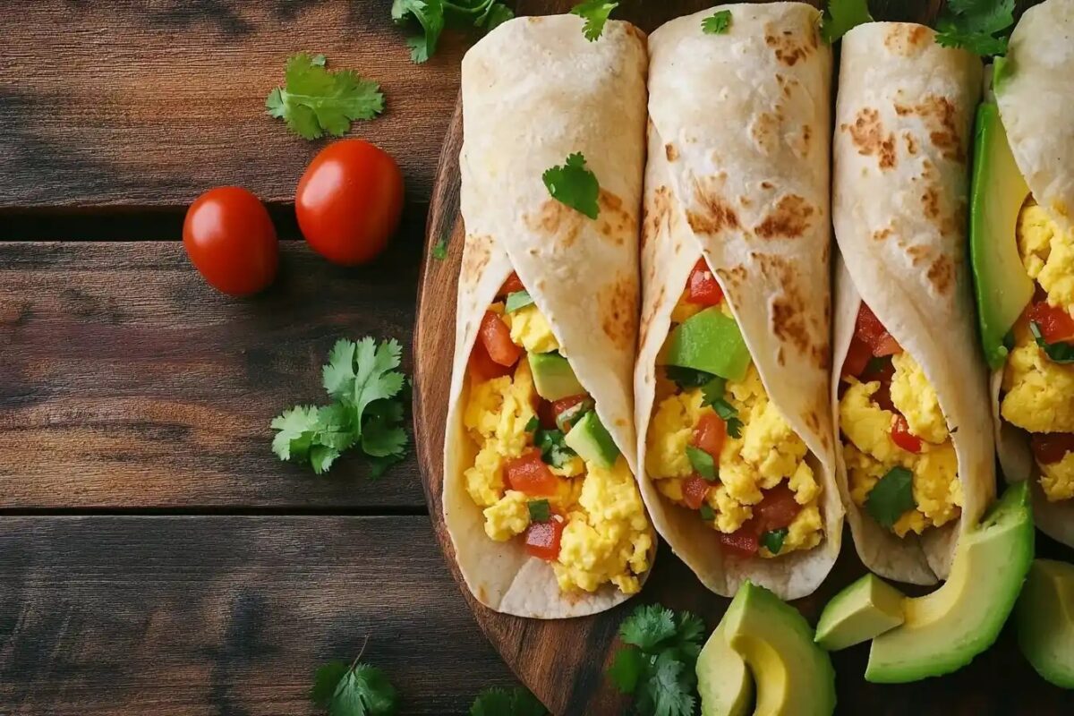 Delicious breakfast burritos filled with eggs and veggies