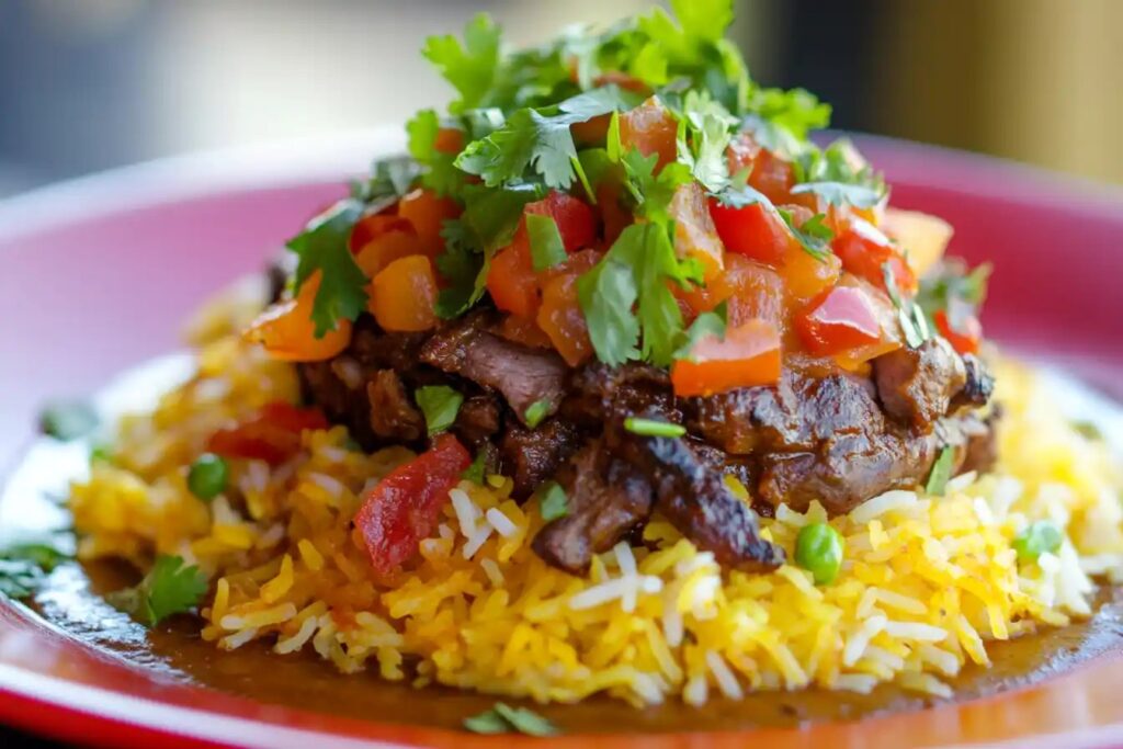 A plated biryani dish featuring layers of rice, meat, and spices.