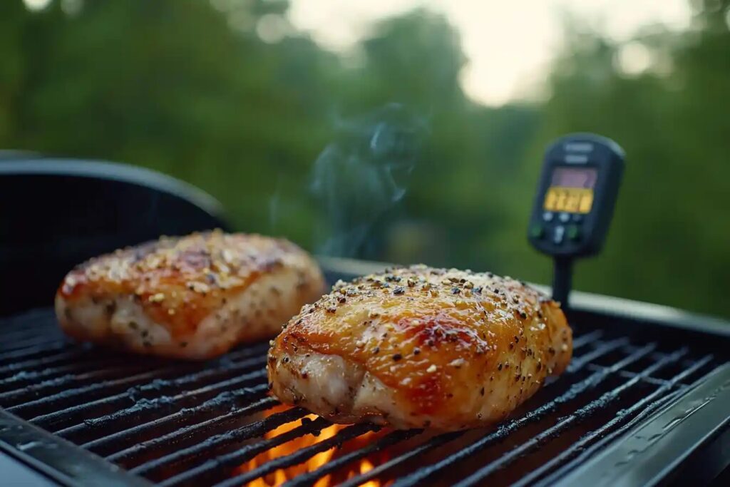 Chicken breasts on a smoker with a thermometer.