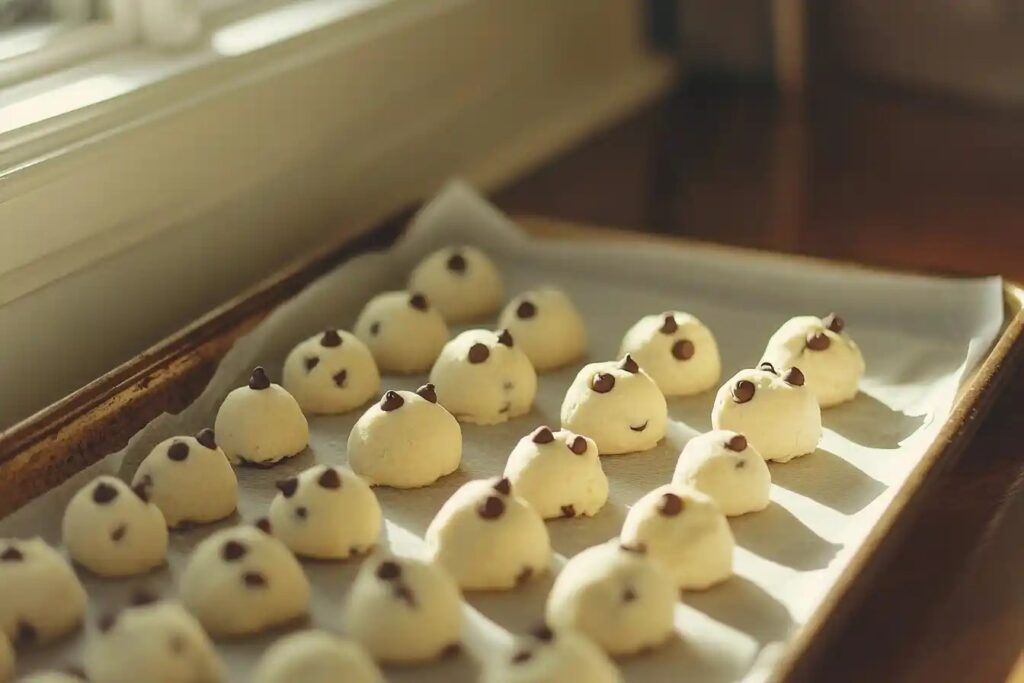 Cookie dough balls on a baking sheet