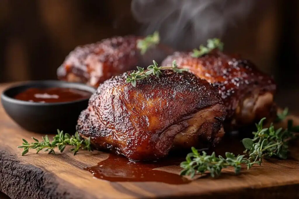 Smoked chicken thighs with crispy skin on a wooden board.