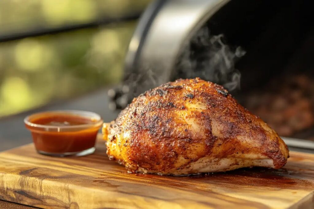 Smoked chicken breast on a wooden board with a smoker in the background.