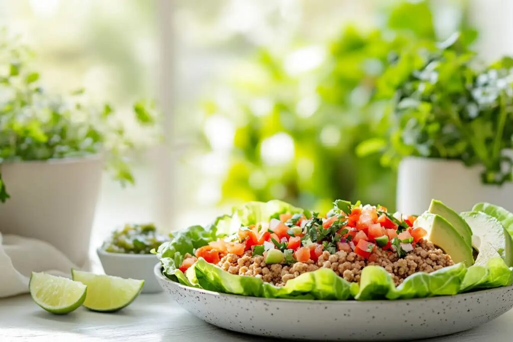 Ground chicken tacos in lettuce wraps with fresh toppings.