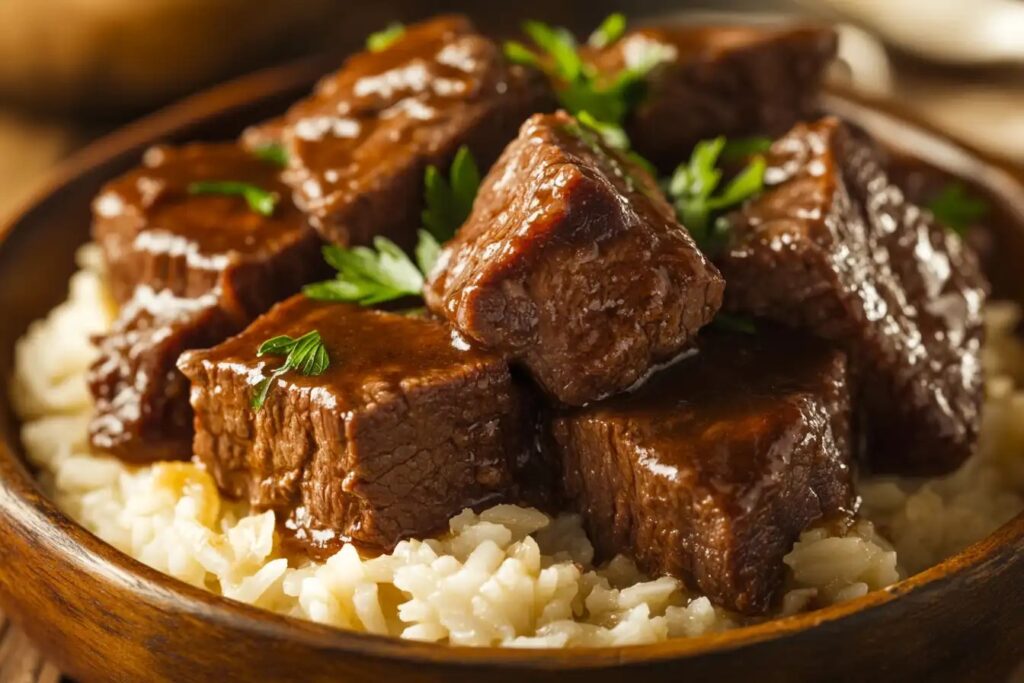 Tender beef tips in brown gravy served over rice.