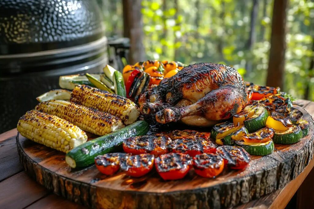 Smoked chicken served with grilled vegetables on a wooden platter.