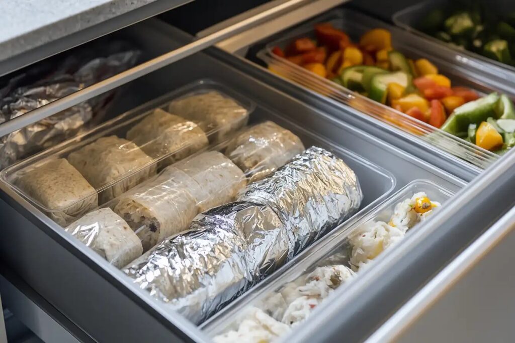 Frozen burritos stored in labeled containers.