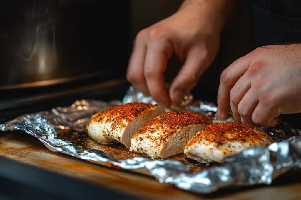 Step-by-step wrapping of chicken breasts in foil for smoking.