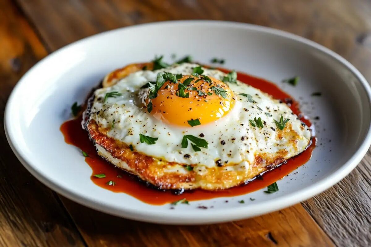 Fried egg on toast garnished with microgreens and chili flakes
