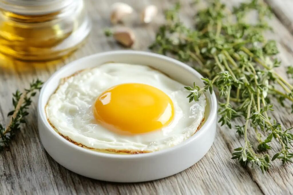 Sunny-side-up egg with crispy edges on a white plate.