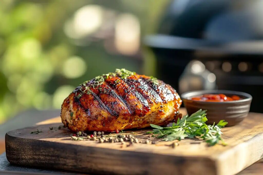 Perfectly smoked chicken breast on a wooden board with spices and herbs