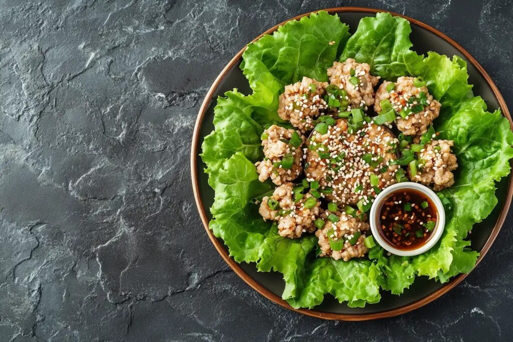  Ground chicken lettuce wraps with dipping sauce.