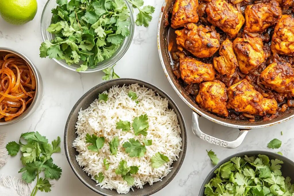 Step-by-step preparation of chicken biryani, including marinated chicken and rice.