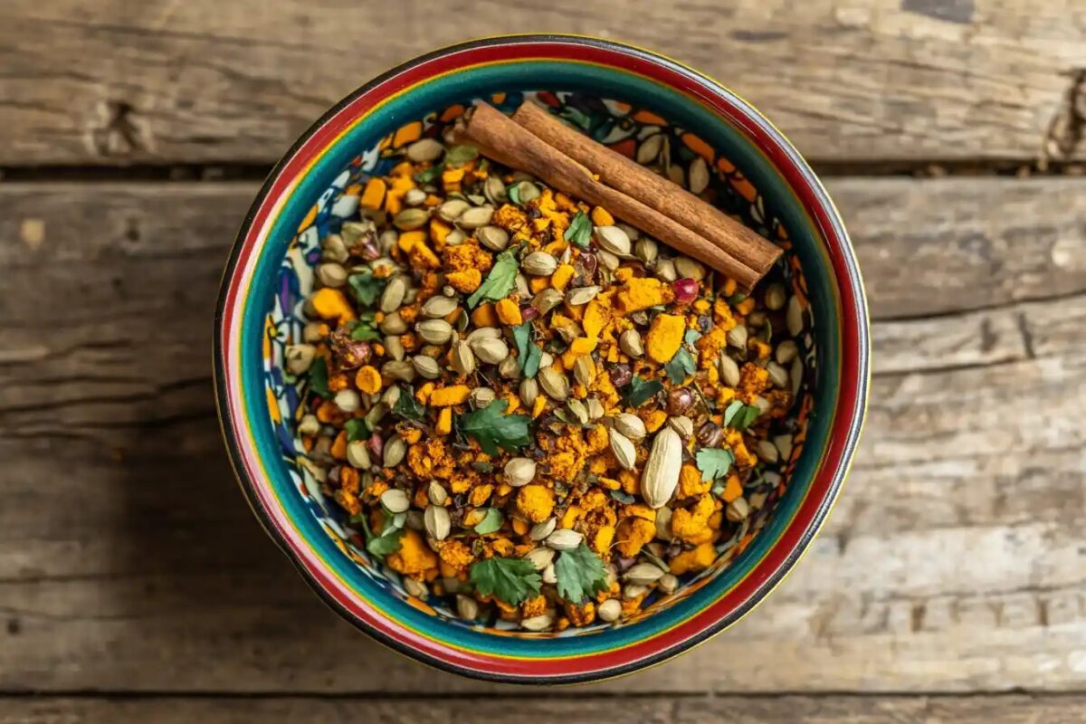 Freshly ground breyani mix spices in a bowl on a rustic countertop.