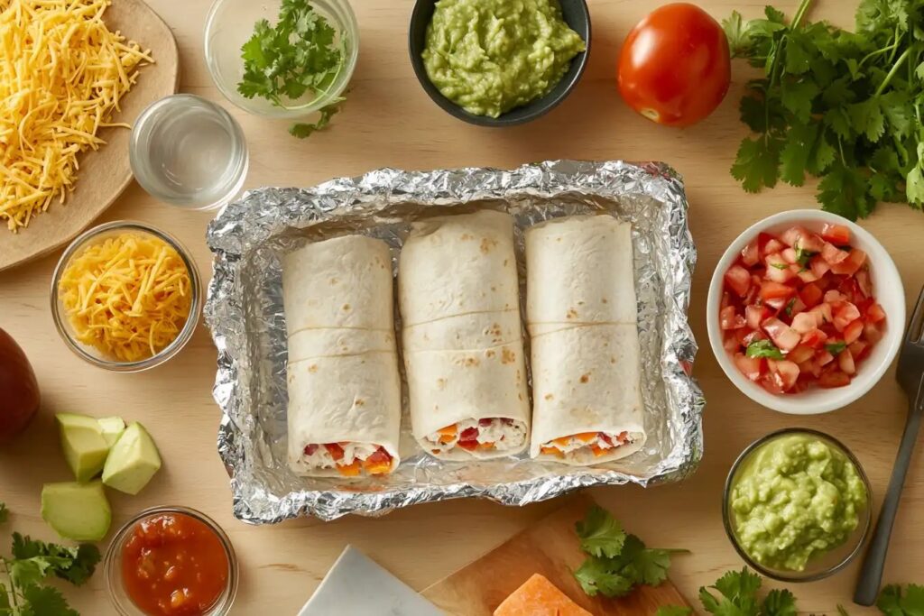 Freshly wrapped burritos surrounded by prep ingredients.