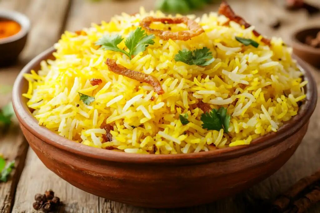 Beautifully plated chicken biryani with saffron rice and garnishes.