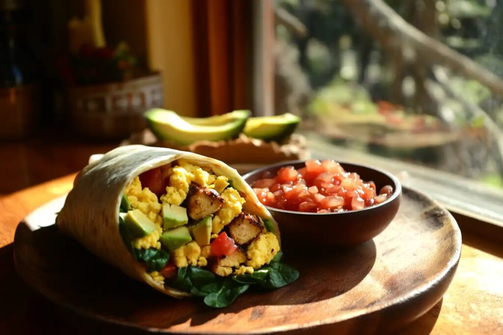 Healthy breakfast burrito with eggs, spinach, avocado, and salsa