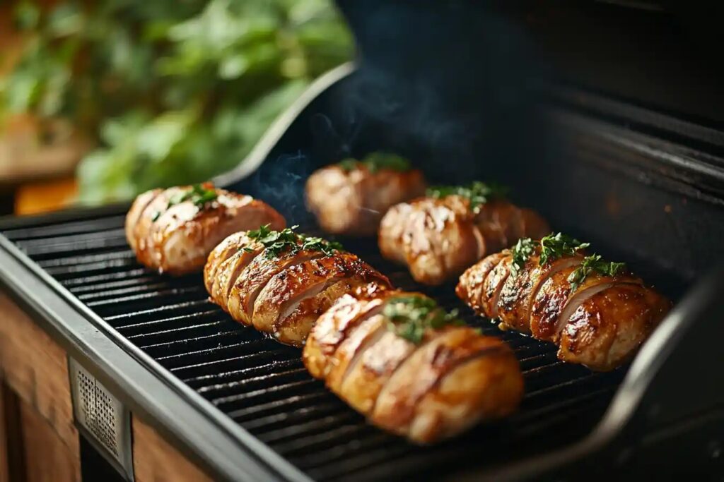 Chicken breasts being smoked wrapped and unwrapped in a barbecue smoker.