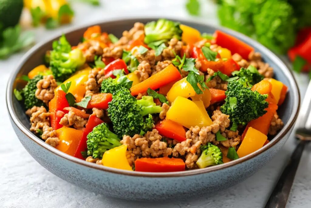 Lean ground chicken with vegetables on a white table.