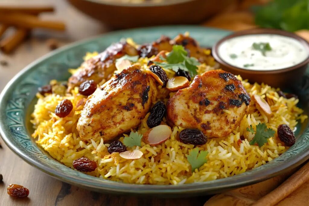 Plate of chicken breyani garnished with fried onions and served with yogurt raita.