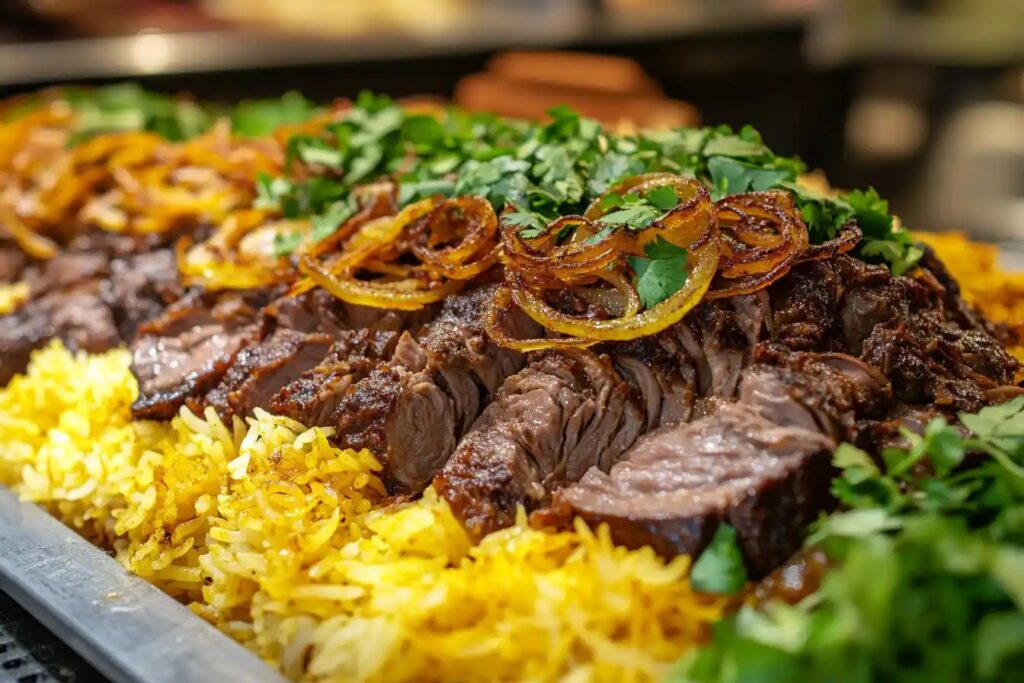 Biryani and Breyani side by side with spices in a rustic kitchen setting