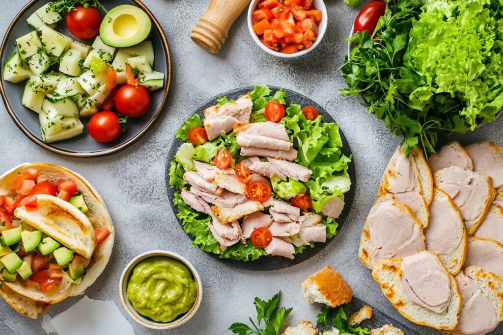 A variety of turkey lunch meat recipes displayed on a table.