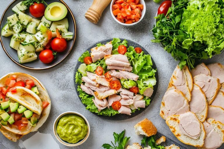 A variety of turkey lunch meat recipes displayed on a table.