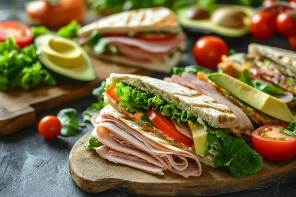 Gourmet turkey shawarma wrap with fresh vegetables and hummus.