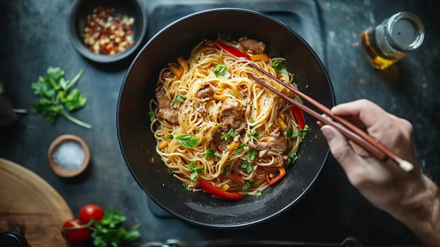 Overhead view of a crockpot meal showing firm noodles, illustrating how to keep noodles from getting mushy in a crockpot?