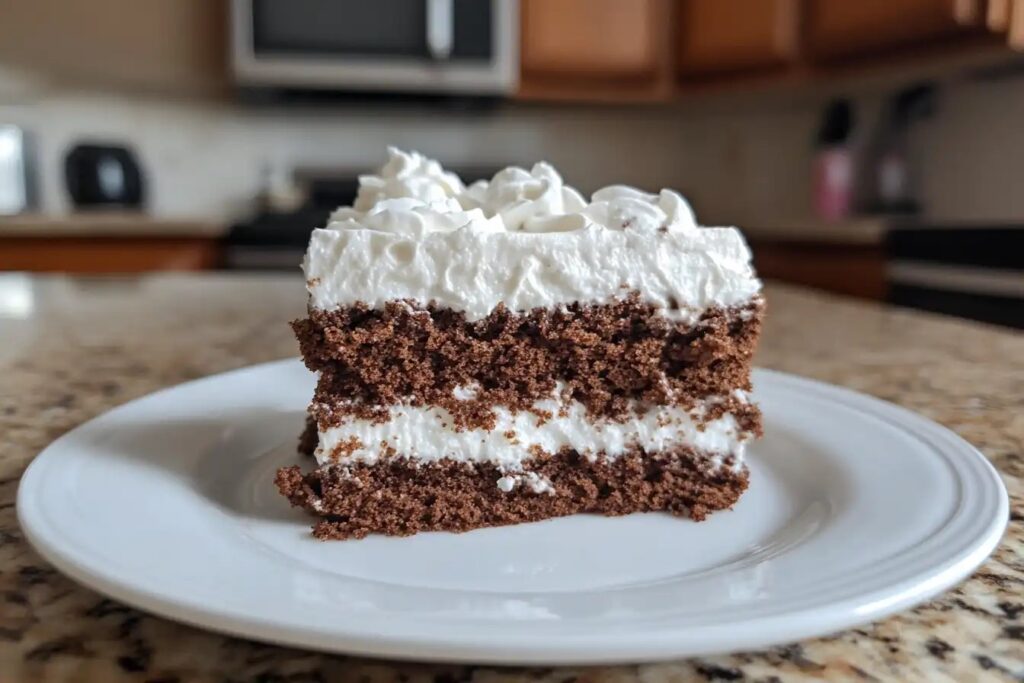 A slice of mounds cake recipe showing chocolate layers and coconut filling