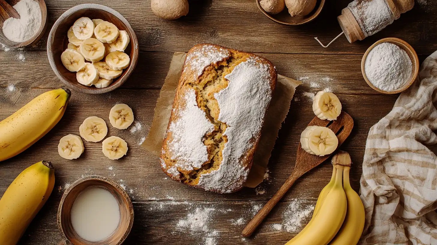 What is a substitute for 1 cup of sugar in banana bread? A top-down view of sliced banana bread made with natural sweeteners.