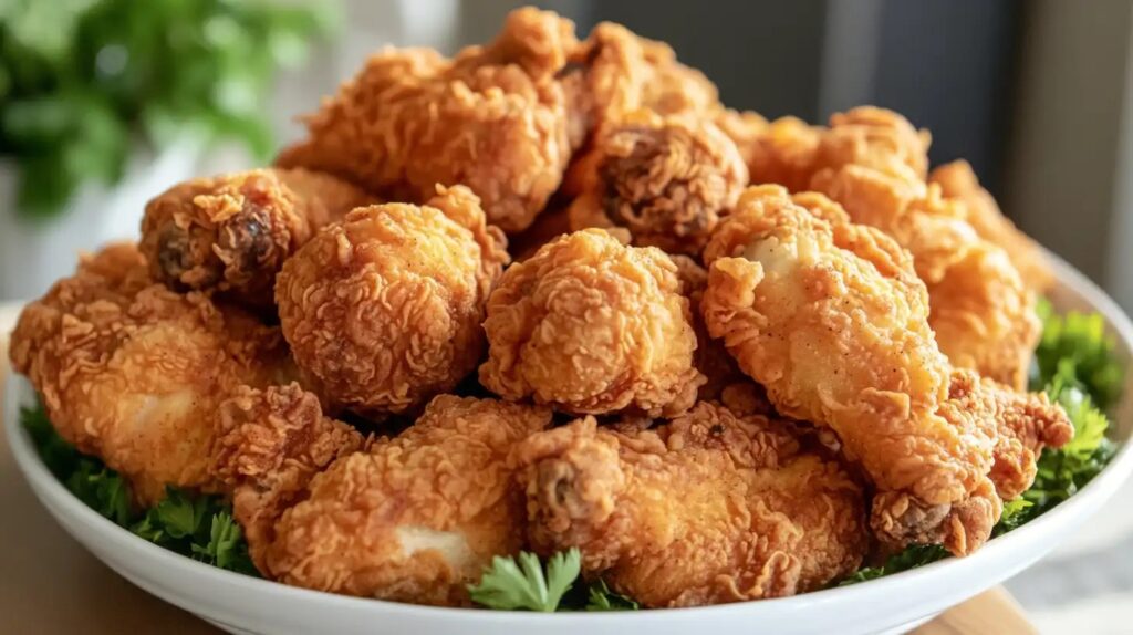 what makes chicken crispier flour or cornstarch? Close-up view of crispy fried chicken pieces.