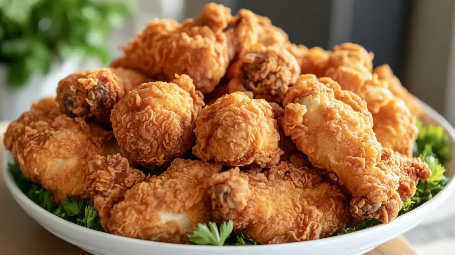 what makes chicken crispier flour or cornstarch? Close-up view of crispy fried chicken pieces.