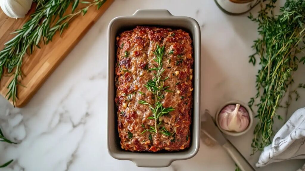 juicy meatloaf sliced on a cutting board