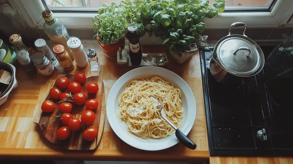 Creamy alfredo spaghetti served in a white bowl