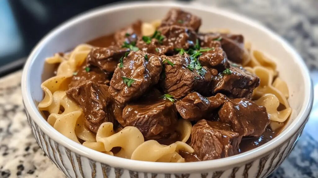 crockpot beef tips and noodles in a slow cooker