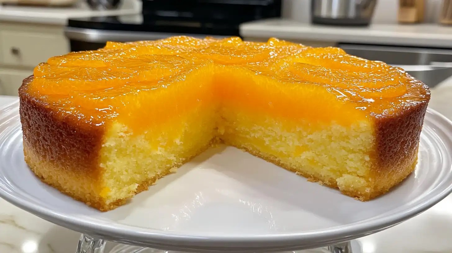 Mandarin orange cake recipe served on a plate with fresh mandarins.