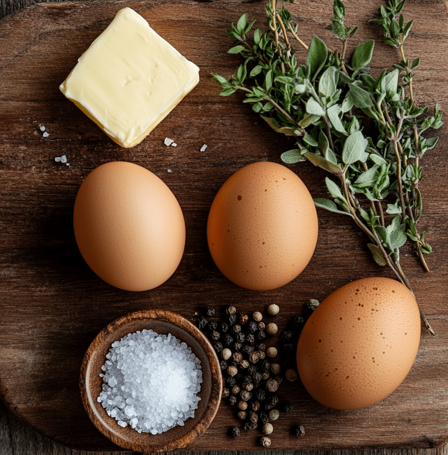 Ingredients for egg fry recipe on wooden board