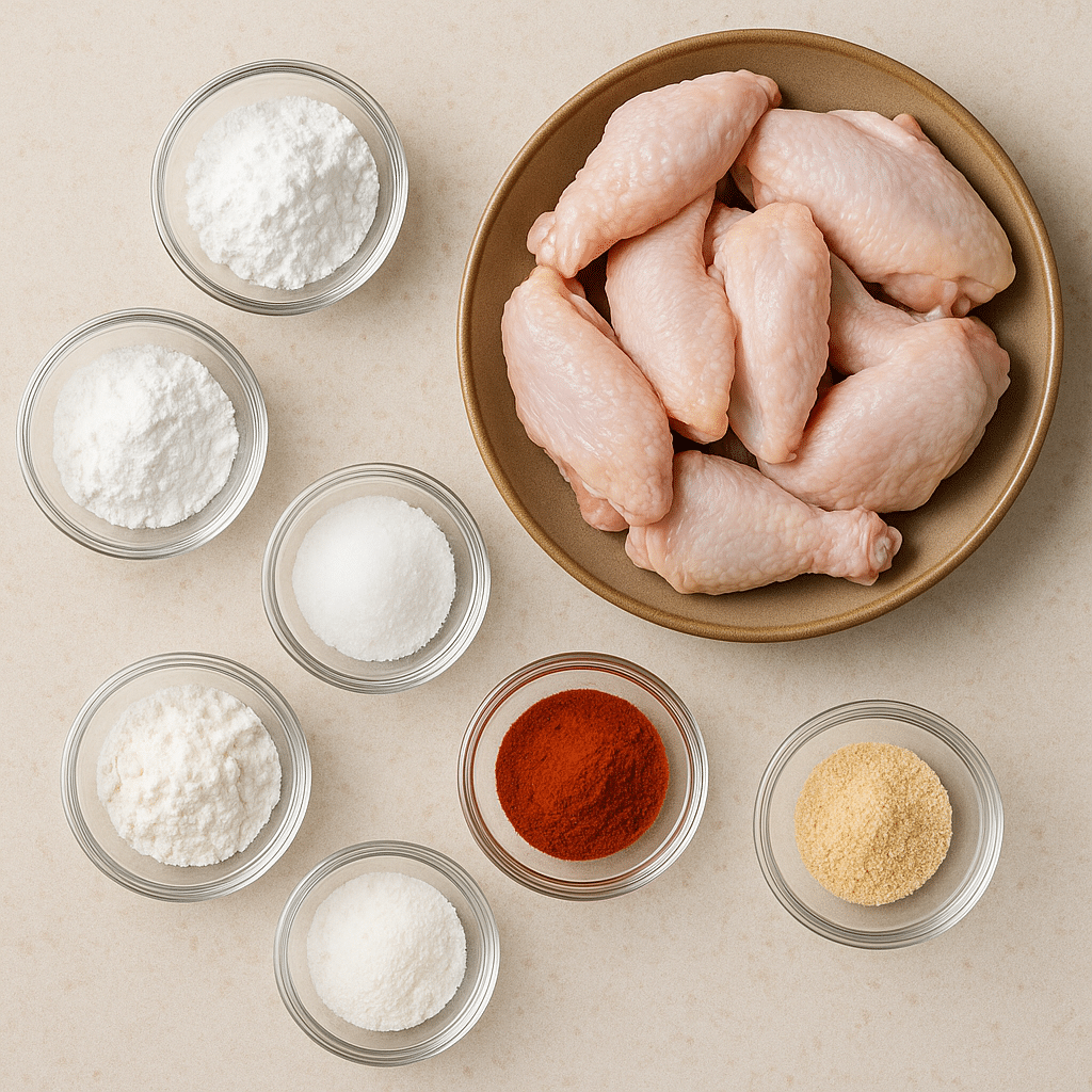 Ingredients for crispy chicken with baking powder and cornstarch