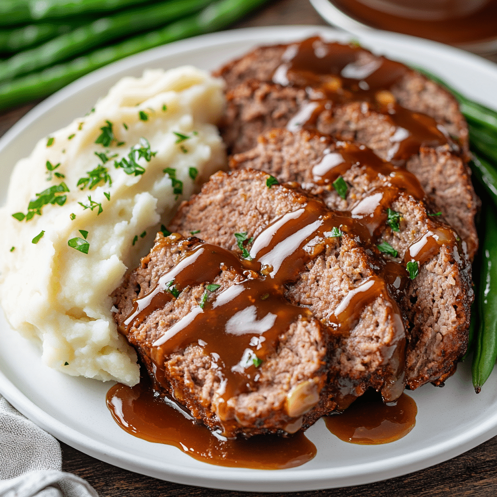 Served slices of Lipton Onion Soup Meatloaf with sides