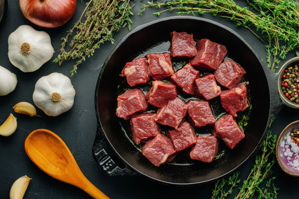 Searing beef cubes in a cast-iron skillet for vegetable beef soup.